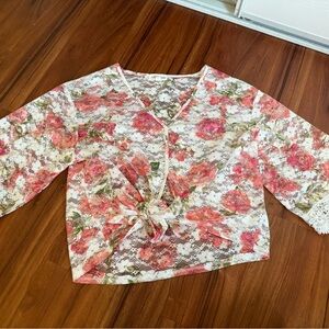 Pink Crop Tie Front Blouse with Notched Collar